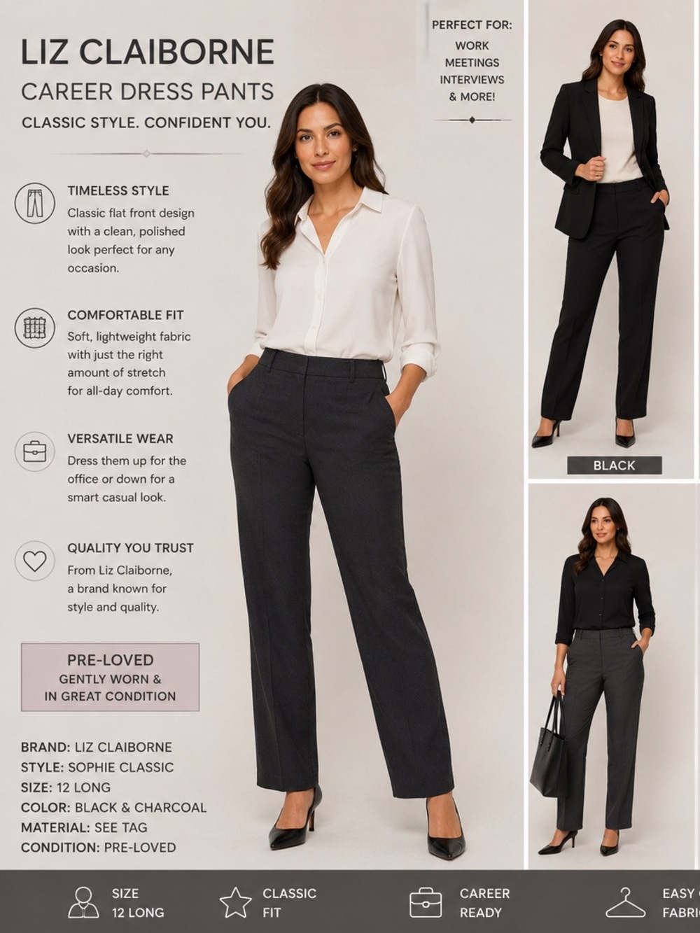 Liz Claiborne Career Sophie Classic Black & Dark Gray Dress Pants SZ 12L‎ (33")
